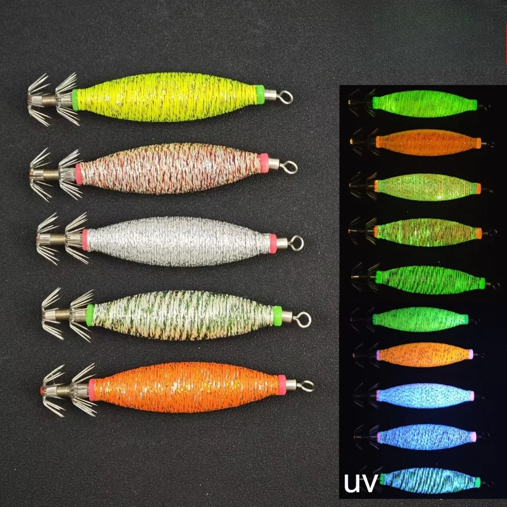 1 Stück Tintenfisch-Jig-Köder, leuchtend UV, horizontaler Oktopus-Köder, 9,5 cm, mit Glitzerstoff, für Meeresangeln, Eging-Set, Holzgarnelenköder