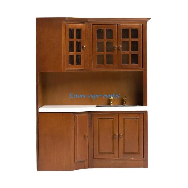 

090B Miniature Wooden Furniture Kitchen Corners Cabinet with Sink for 1/12 Dollhouses Decoration Scene Display Accessories