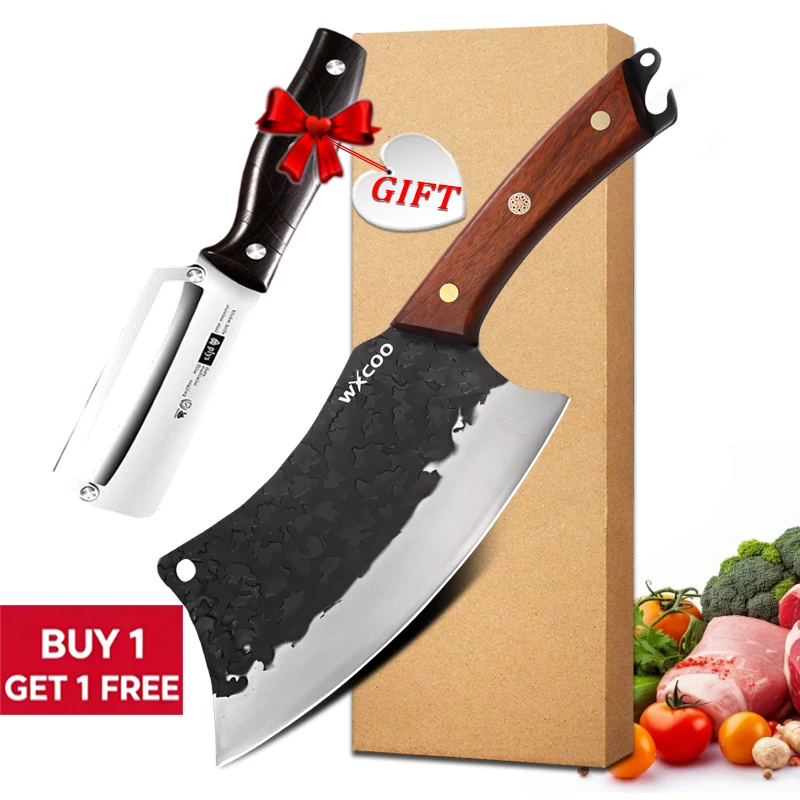 WXCOO Multi functional Kitchen Knife with Gift Mini Knife Handmade Forged Butcher Knife Wooden Handle Unique Bottle Opener Knife