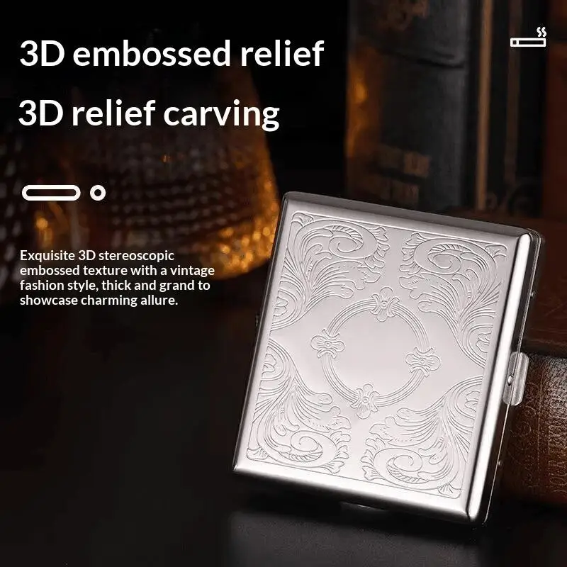 Metal Cigarette Box Stainless Steel Embossed Portable Cigarette Case Fashionable Creative Flip Wallet Storage Box