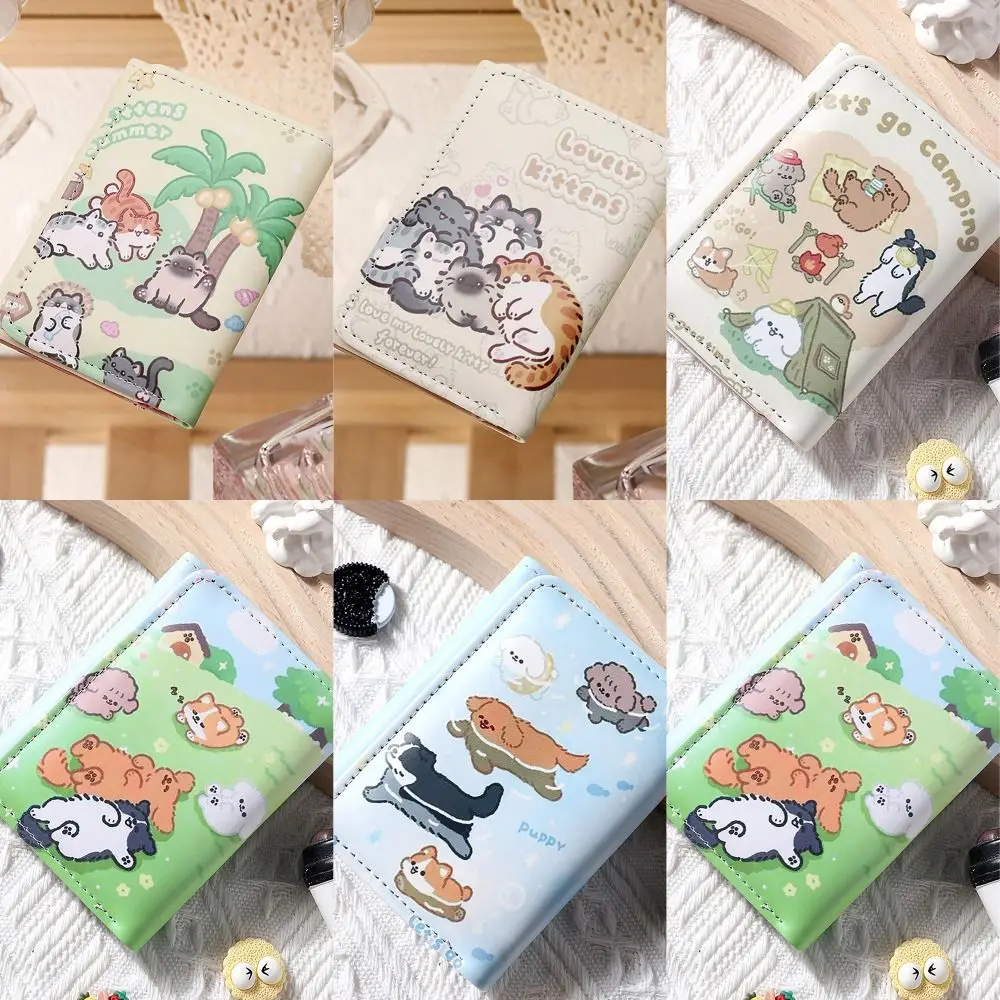 3 Folds Money Coin Purse Simple PU Leather INS Style Credit Card Holoder Cute Kitten Dog Card Wallets for Girls Students Gift