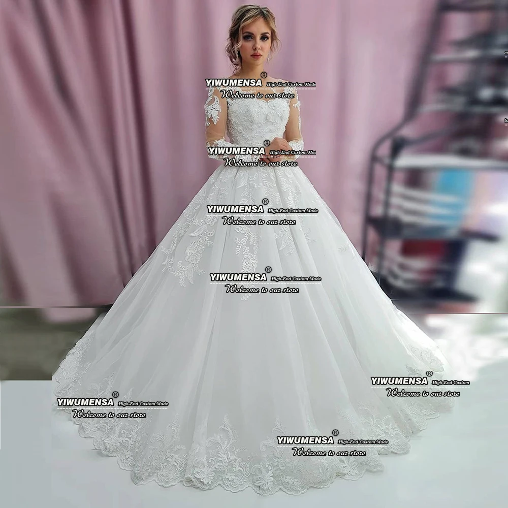 Yiwumensa princesa a linha vestidos de casamento o pescoço frisado apppliques pele tule laço-up voltar botões vestidos de noiva robe de casamento