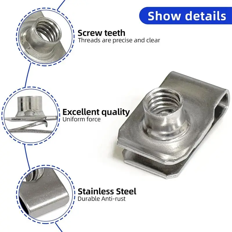 A96I-20 Pcs M8 U-Style Clip-On Nut , Stainless Steel (304) Regular Extruded U-Type Nuts, Anti-Rust For Secure Mounting