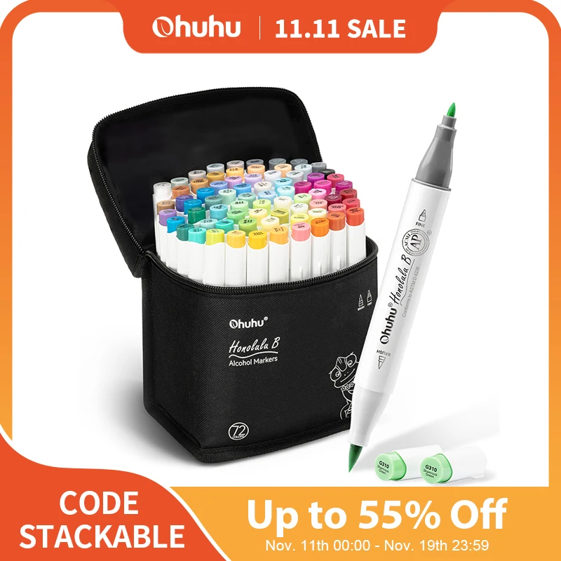 Ohuhu Honolulu B Marker Pen Set Color Markers Alcohol Art Markers Refillable Dual Tips Sketching Drawing Manga School Supplies