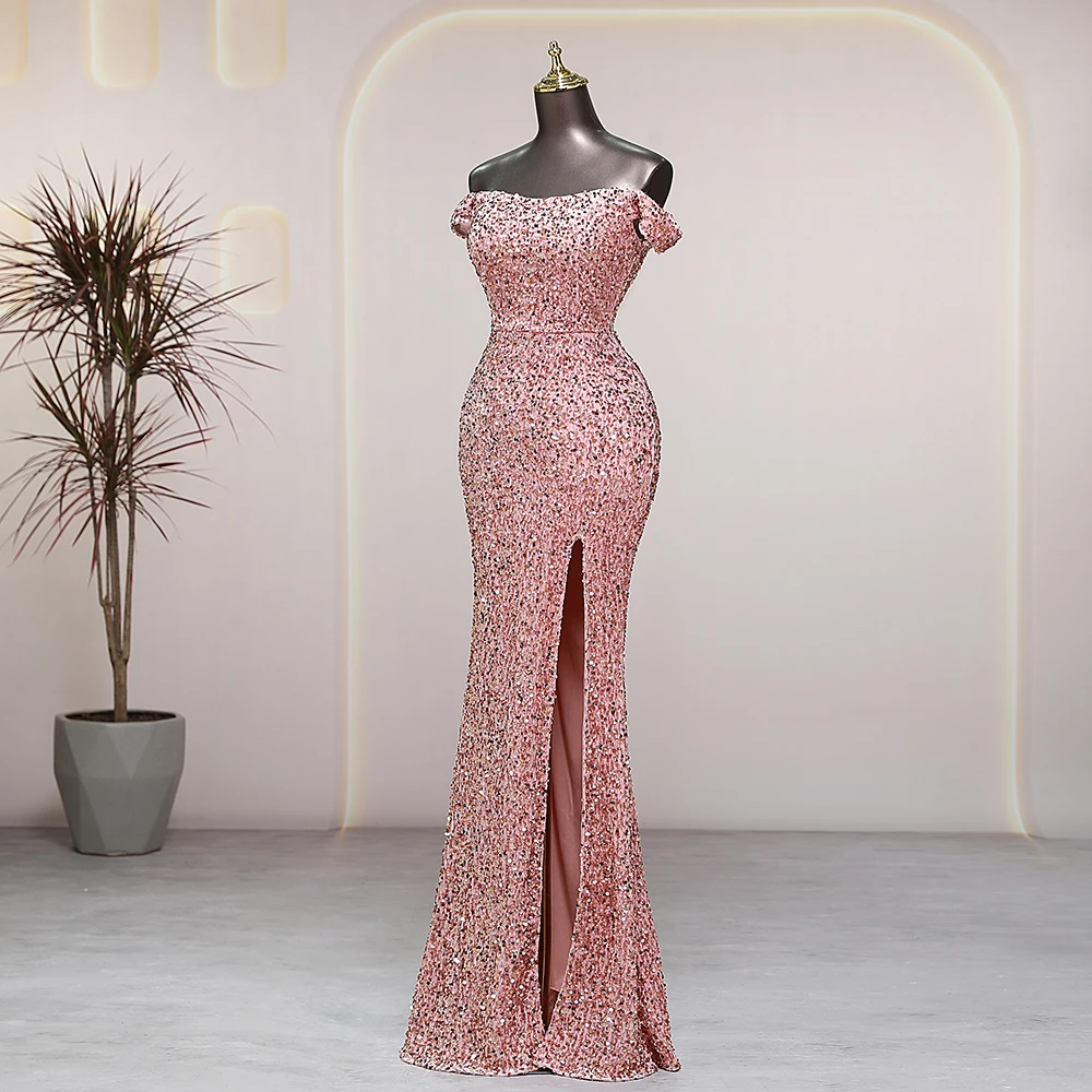 Pink Sequins Long Mermaid Evening Dress Off Shoulder Dress Women Prom Party Dresses formal occasion robes de soirée Bride dress