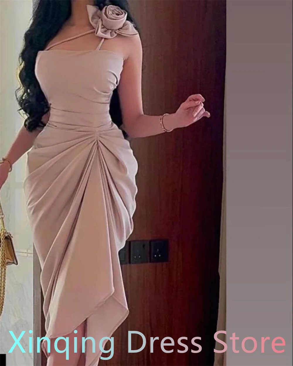 

Customized Mermaid Soft Pink Jersey Evening Dress Exquisite One Shoulder Sleeveless Homecoming Gowns Sexy Flowers Part