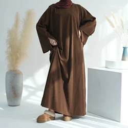 Corduroy Abaya Winter With Side Pockets Thick Warm Ramadan Islamic Clothing Muslim Women Long Sleeve Modest Dress Robes