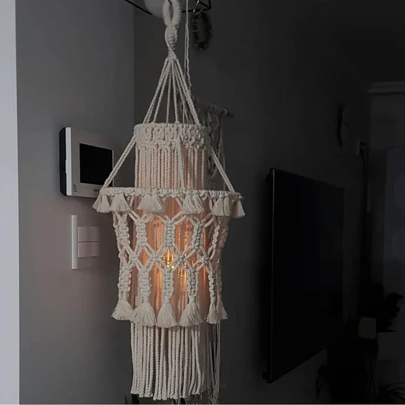 Hand-Knitted Lampshade Macrame Hanging Lamp Decoration Living Room Wedding Decoration Tassel Lampshade Tapestry