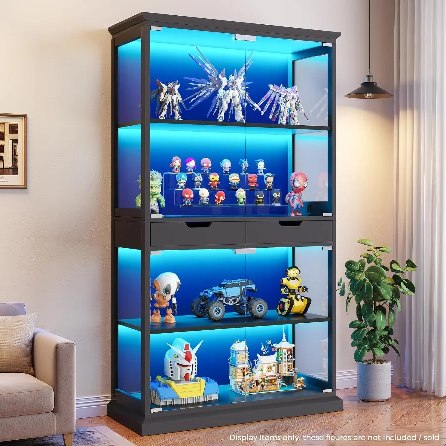 Display Cabinet with Glass Doors for Living/Game Room, Tempered Glass Wood, Black, RGB Lights, Human Body Sensor, 4-Tier, 2 Dra