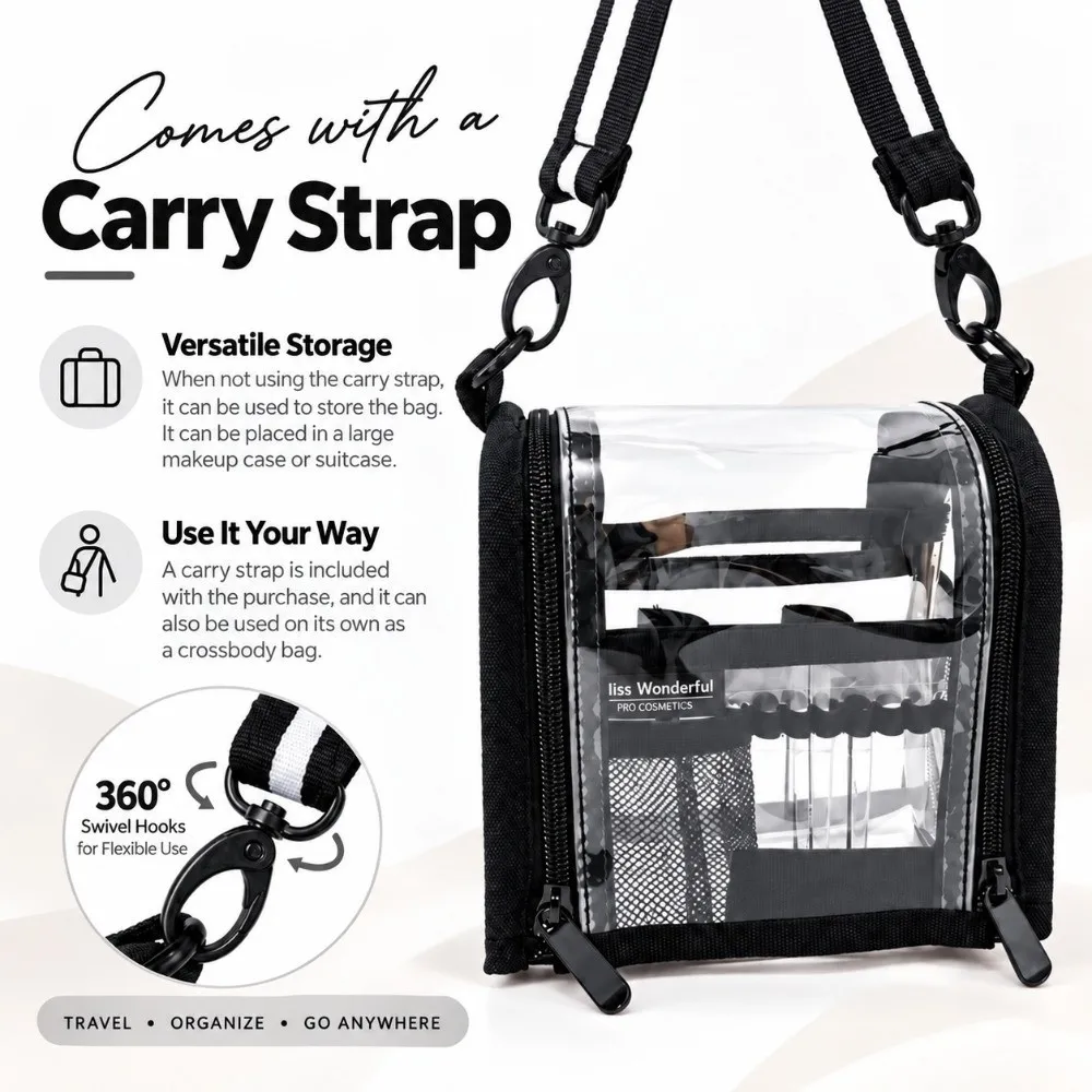 Wasserdichte Make-up-Organizer-Tasche mit elastischer Pinselhalterung, Netztasche, Kosmetik-Aufbewahrungstasche, PVC-Lippenprodukt-Organizer – Detail 2