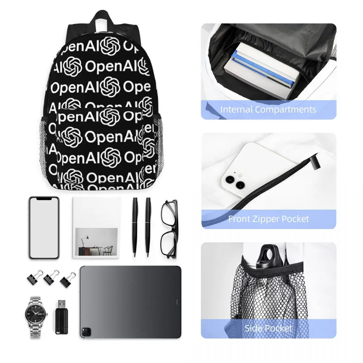 OpenAI Logo Backpack Middle High College School Student Bookbag