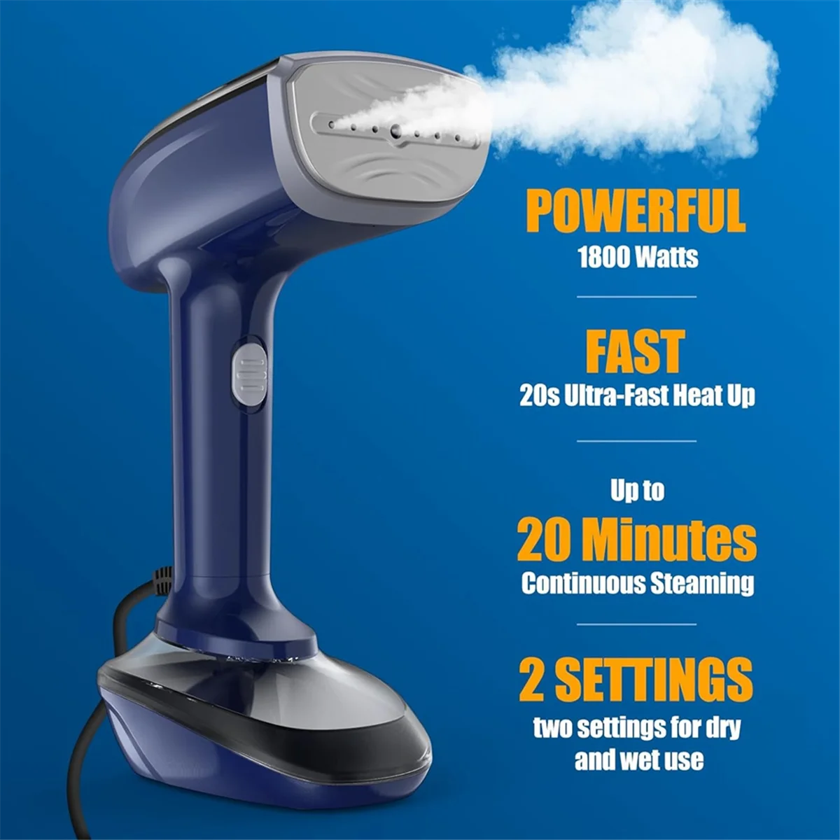 Powerful Handheld Fabric Steamer - 1800W with Fast Ceramic Heat-Up Plate, 2-In-1 Ironing & Wrinkle Remover,US Plug White