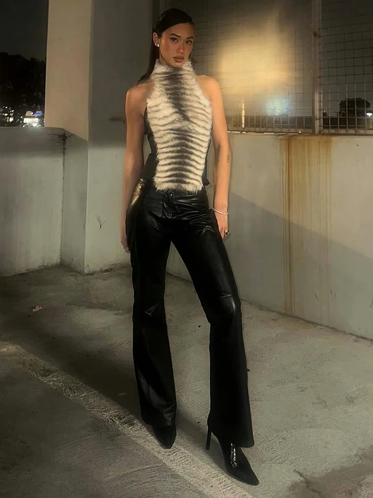 

Sisterlinda Tiger Stripes Tank Tops Women Autumn Sexy FurryHalter Backless Sleeveless Patchwork Trend Midnight Party Clubwear