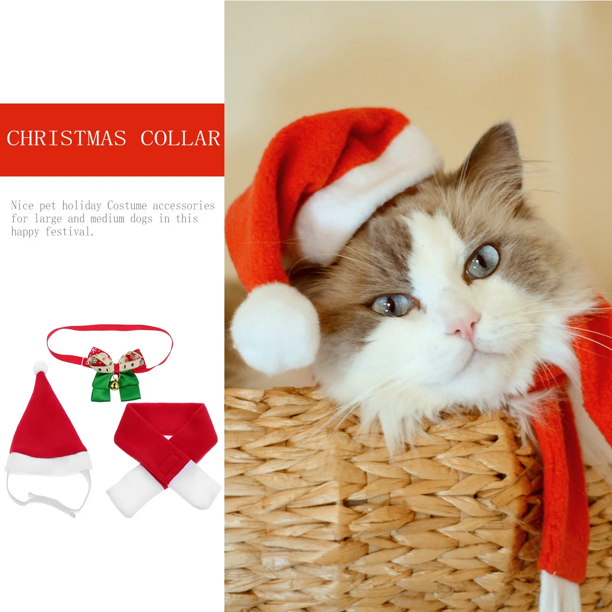 

3Pcs Christmas Pet Costume Dog Decorative Necklace Hat Scarf Adjustable Elastic Strap Red White Festive Christmas Collar