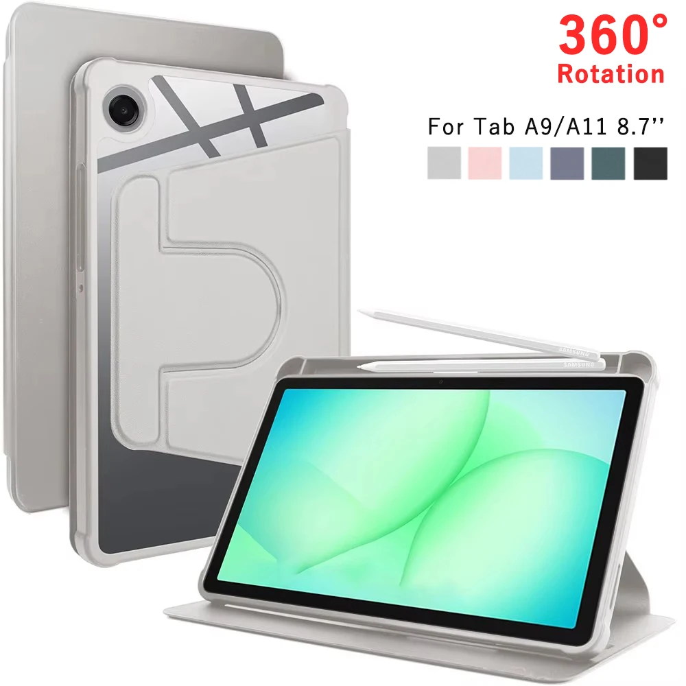 360° Rotating Case For Samsung Galaxy Tab A9 A11 8.7'' 2025 2023 X110 X133 Swiveling Stand Clear Back Cover With Pencil Holder