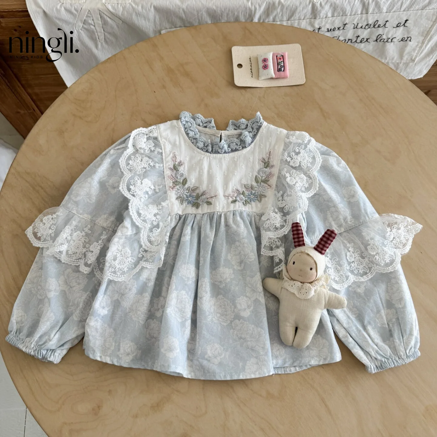 Childrens Wear Girls Lace Trim Doll Blouse Fall Kids Heavy Embroidery Puff Sleeve Forest Style Top Trendy