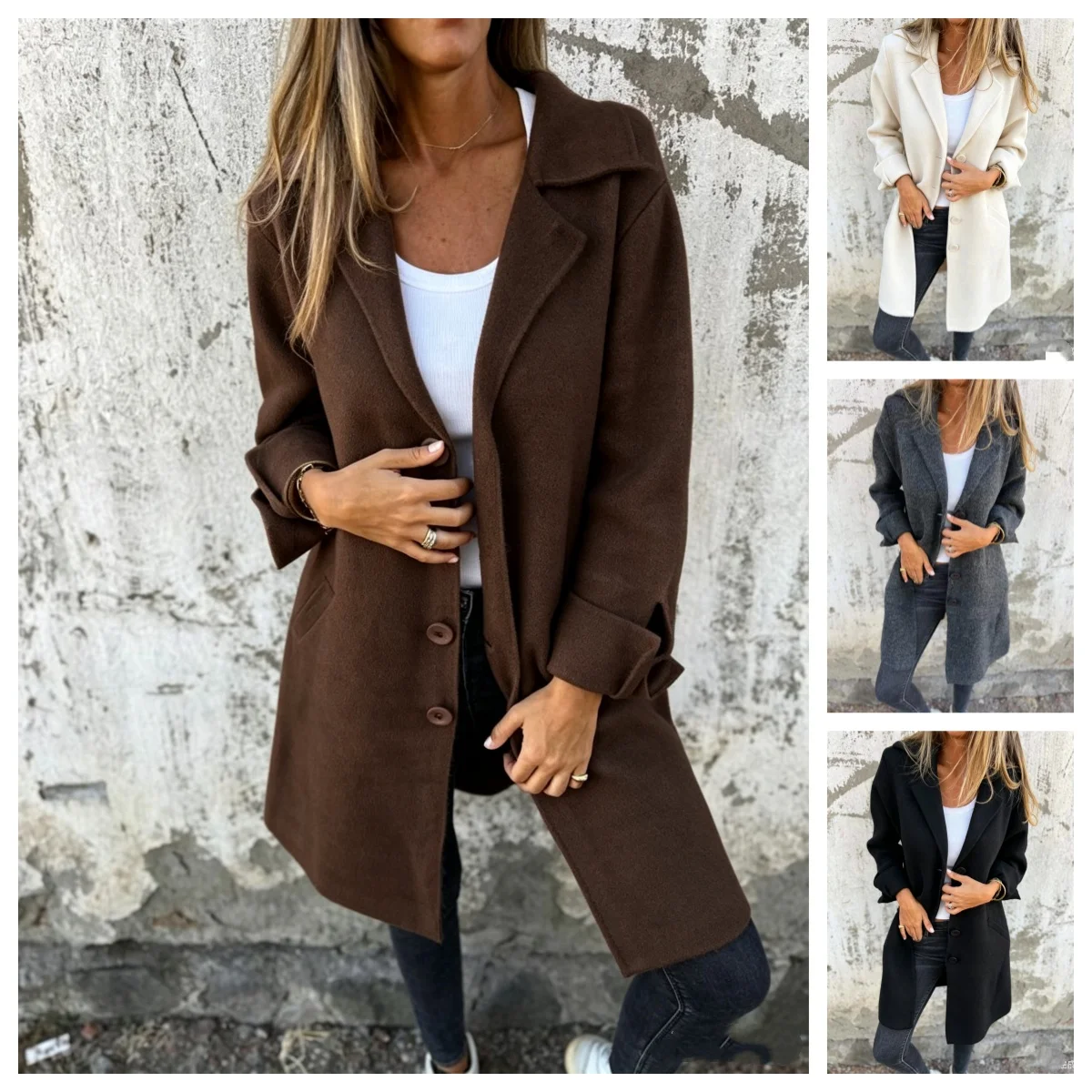 Vintage New Autumn Winter Women's Clothes Trench Casual Solid Long Sleeve Outerwears Vintage Lapel Mid Length Coats Suit Jackets
