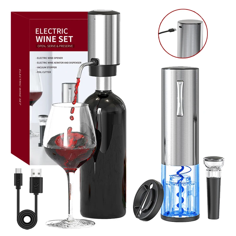 4 in1Electric Wine Opener Set With Electric Decanter and Aerator Stainless Steel Rechargeable Wine Bottle Opener for Wine Lovers