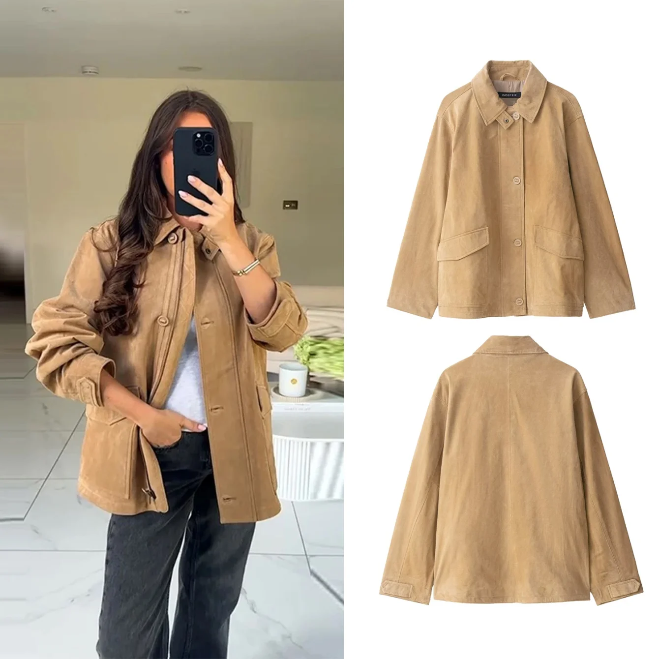 

Women Suede Texture Loose Jacket Coat Turn-Down Collar Long Sleeve Button Pocket Autumn Winter Fashion Femal Streetwear Jacket