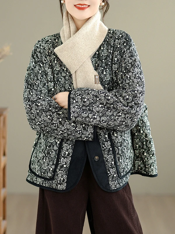 

Warm Cotton Jaet Loose Fit round Ne Printed Design Commute Sle Thiened Winter Outerwear Women's Faion Artistic