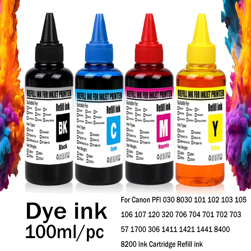 Dye Ink 100ml Refill kit For Canon PFI 030 8030 101 102 103 105 106 107 120 320 706 704 701 702 703 57 1700 1411 Ink Cartridge