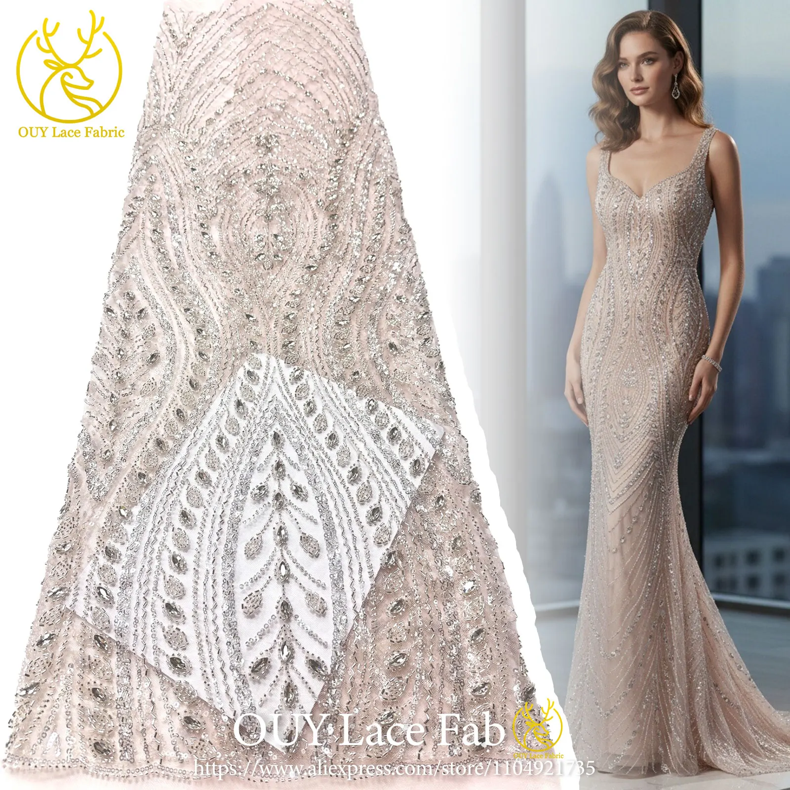 

Nigerian Handmade Beaded Diamond Lace Fabric, Latest 2026 Elegant African Sequined Tulle Lace Fabric For Wedding Dresses.