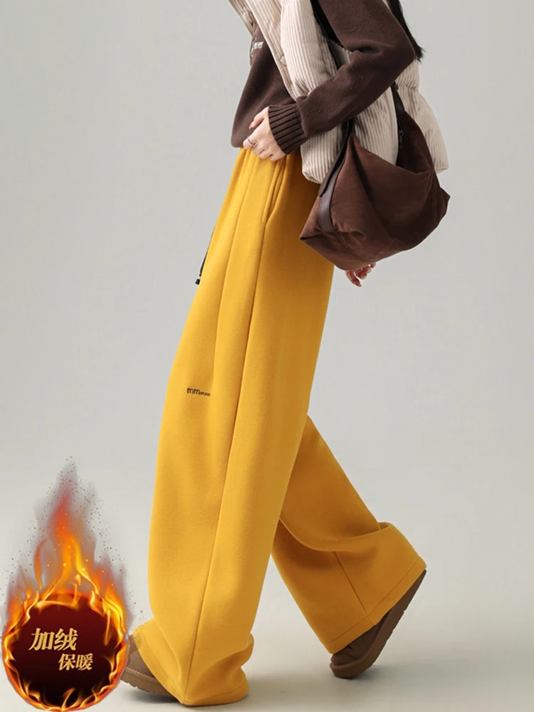 

Широкие брюки с вышивкой и изогнутыми ножками, женские осенние и зимние толстые бархатные брюки с высокой талией и повседневные прямые брюки