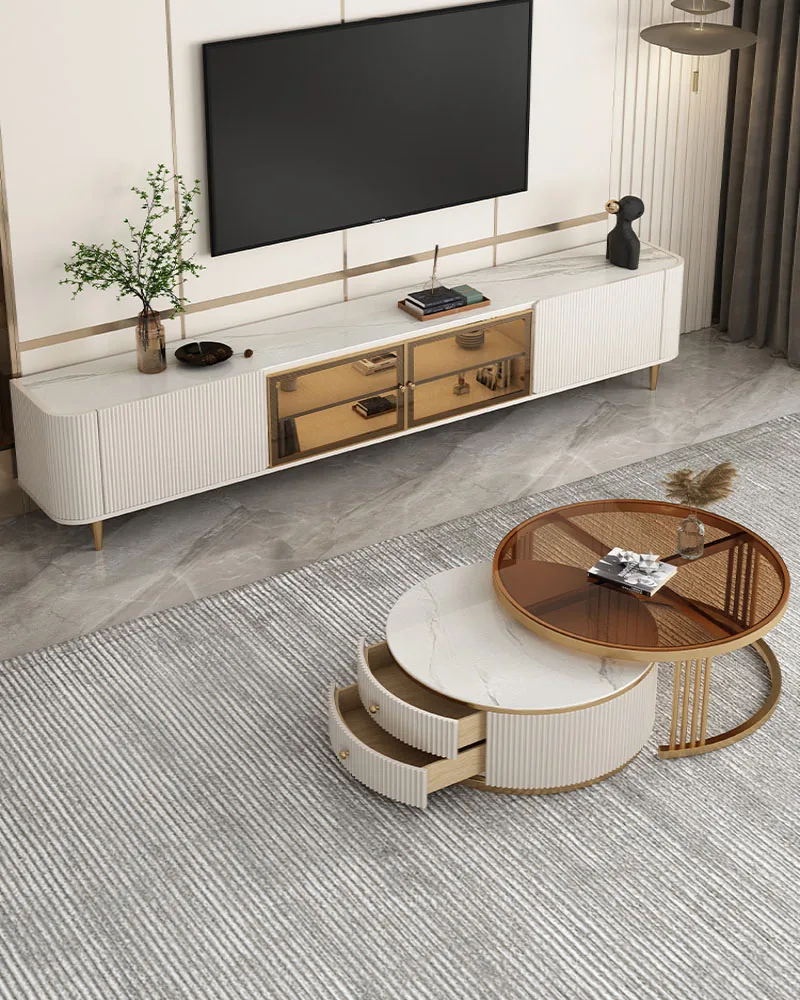 Luxury modern simple small family living room home size round stone coffee table TV cabinet combination new model