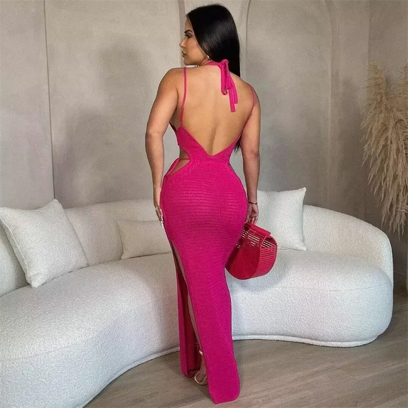 Sexy Knitting Backless Summer Dress Women Spaghetti Strap V-neck Hollow Out Bodycon Maxi Dress Elegant Side Slit Beach Dress