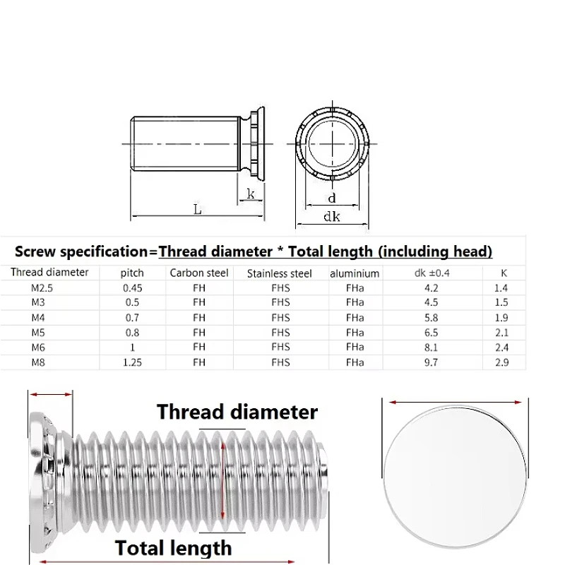 M2.5 M3 M4 M5 M6 M8 304 Stainless Steel Flush Head Studs Self Clinching Screw Studs Pressure Rivet Screws Sheet Metal Fastener