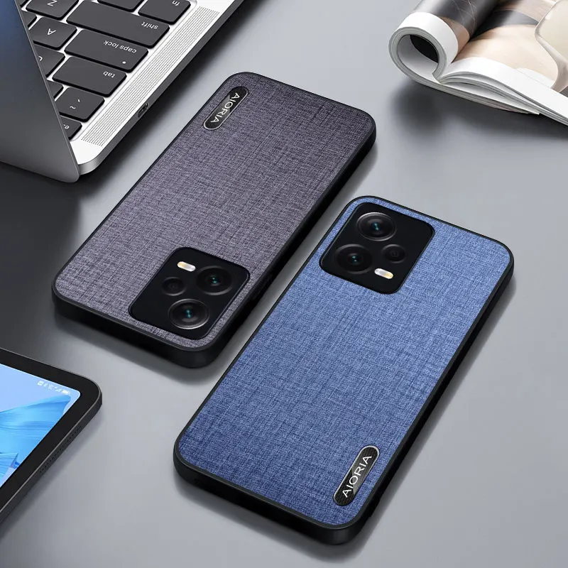 Metal Logo Phone Case For Xiaomi Redmi Note 12 Pro Plus 5G Imitation Fabric Design With Precise Phone Button Back Cover