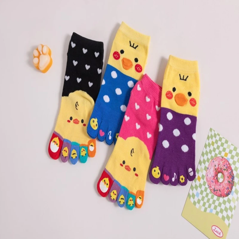4 Pairs Crew Women 5 Finger Socks Middle Tube Sweet Candy Color Lady Cotton Five Toe Socks
