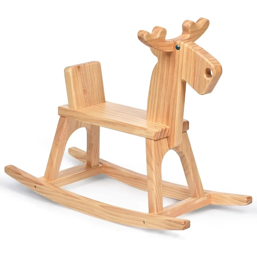 Kid Wooden Rocking Horse Baby Ride On Toy Rocker for Toddler Rocking Reindeer w backrest Ideal Birthday Christmas Birthday Gift