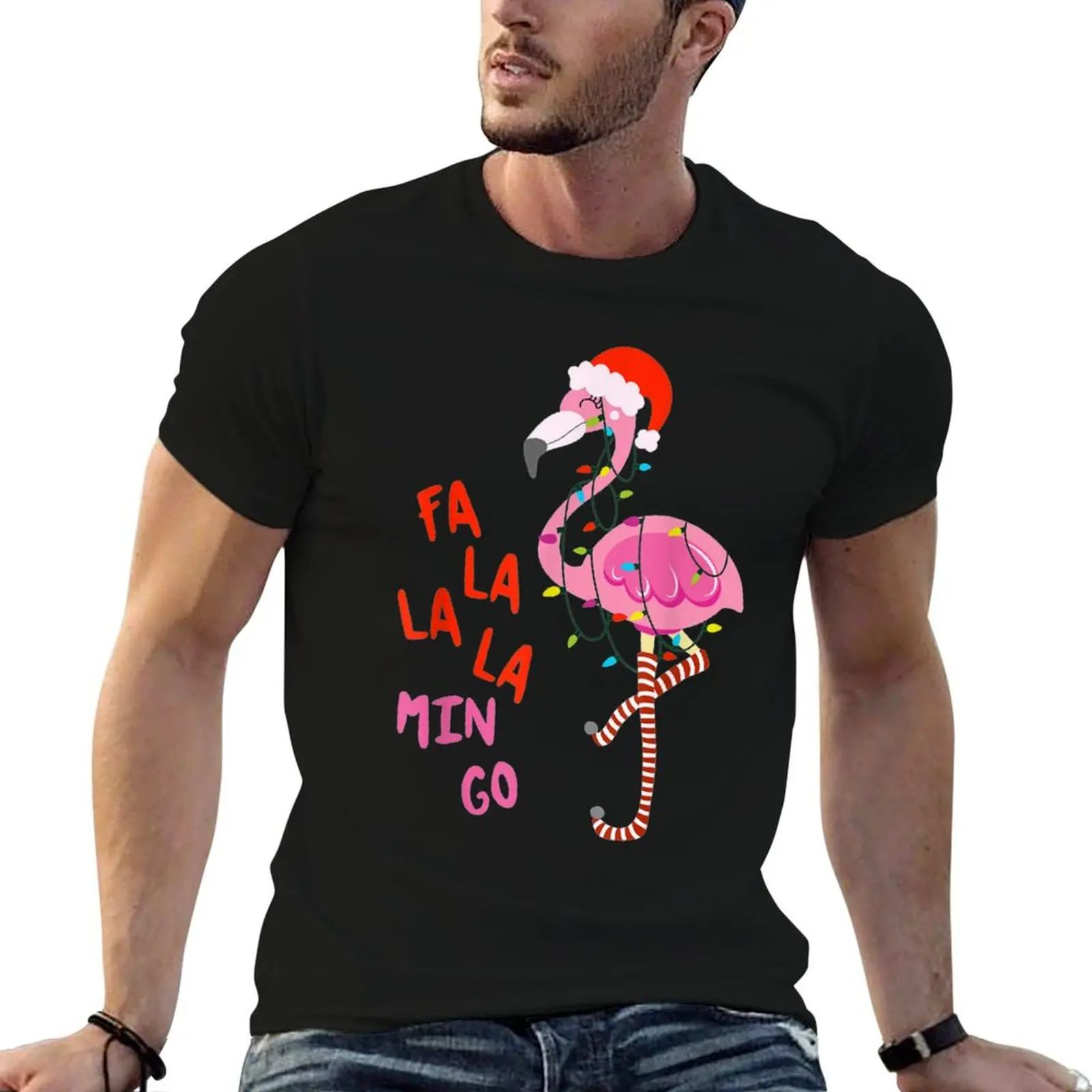 Camiseta Fa La La La Mingo Flamingo para Navidad, camiseta para hombre, camisetas de algodón de diseñador, camiseta de alta calidad para hombre, camiseta de lujo