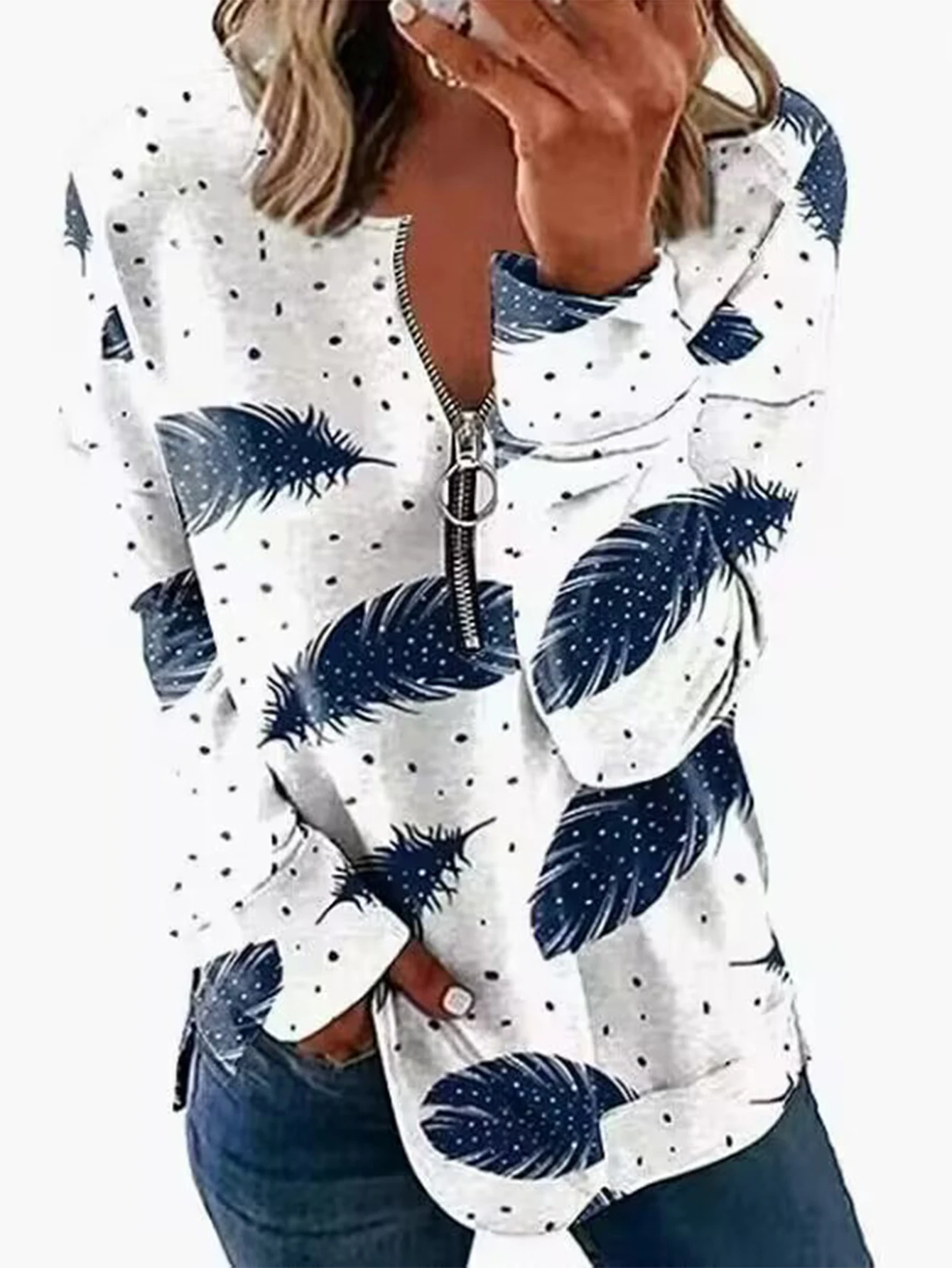 

Женская повседневная шикарная футболка с длинным рукавом и круглым вырезом на молнии с принтом, осенний базовый модный топ на каждый день