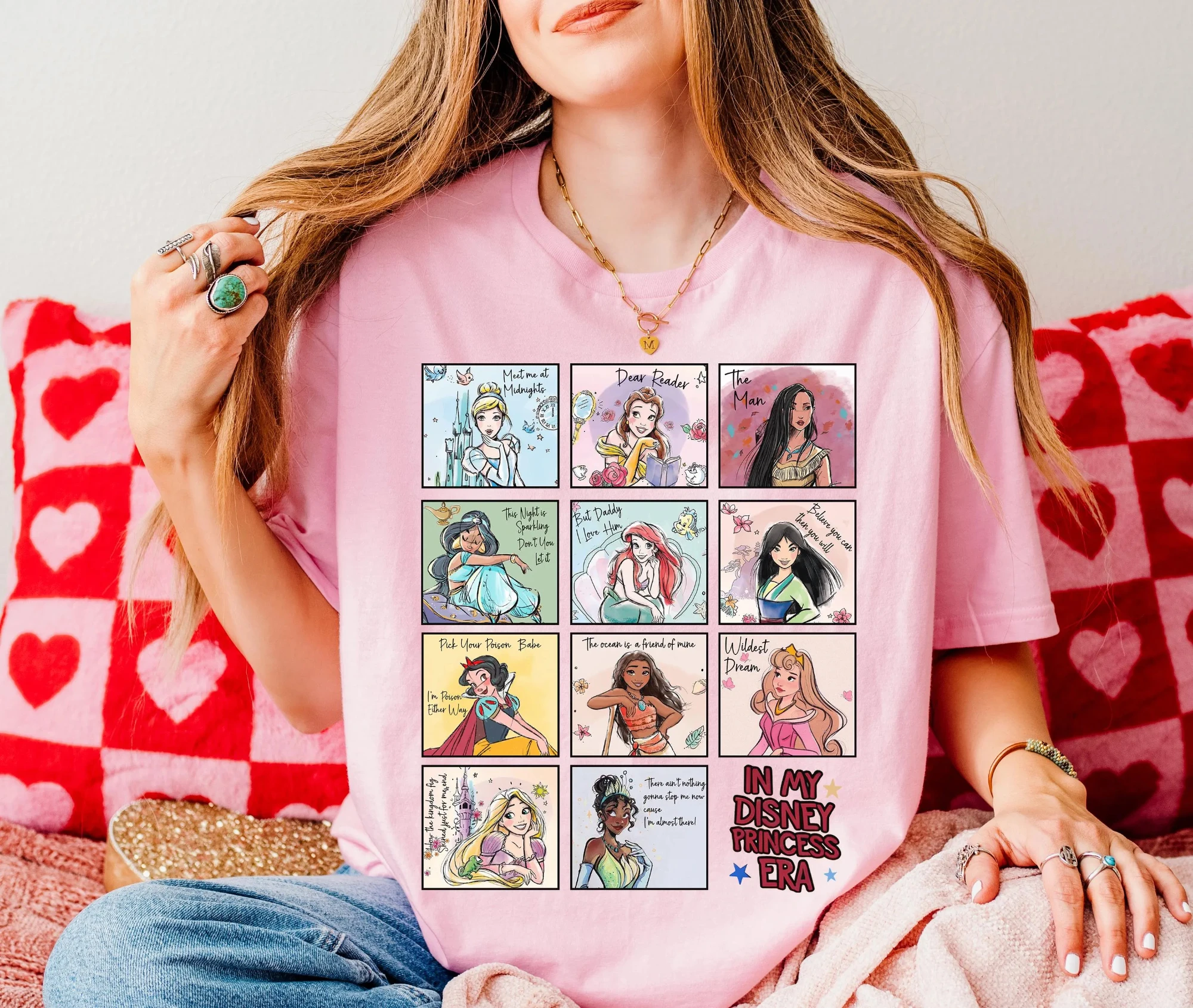 

Summer 2025 in My Princess Era Song Lyrics Shirt Ariel Snow White Rapunzel Tiana Mulan Paradise Princess Girl Travel Shirt