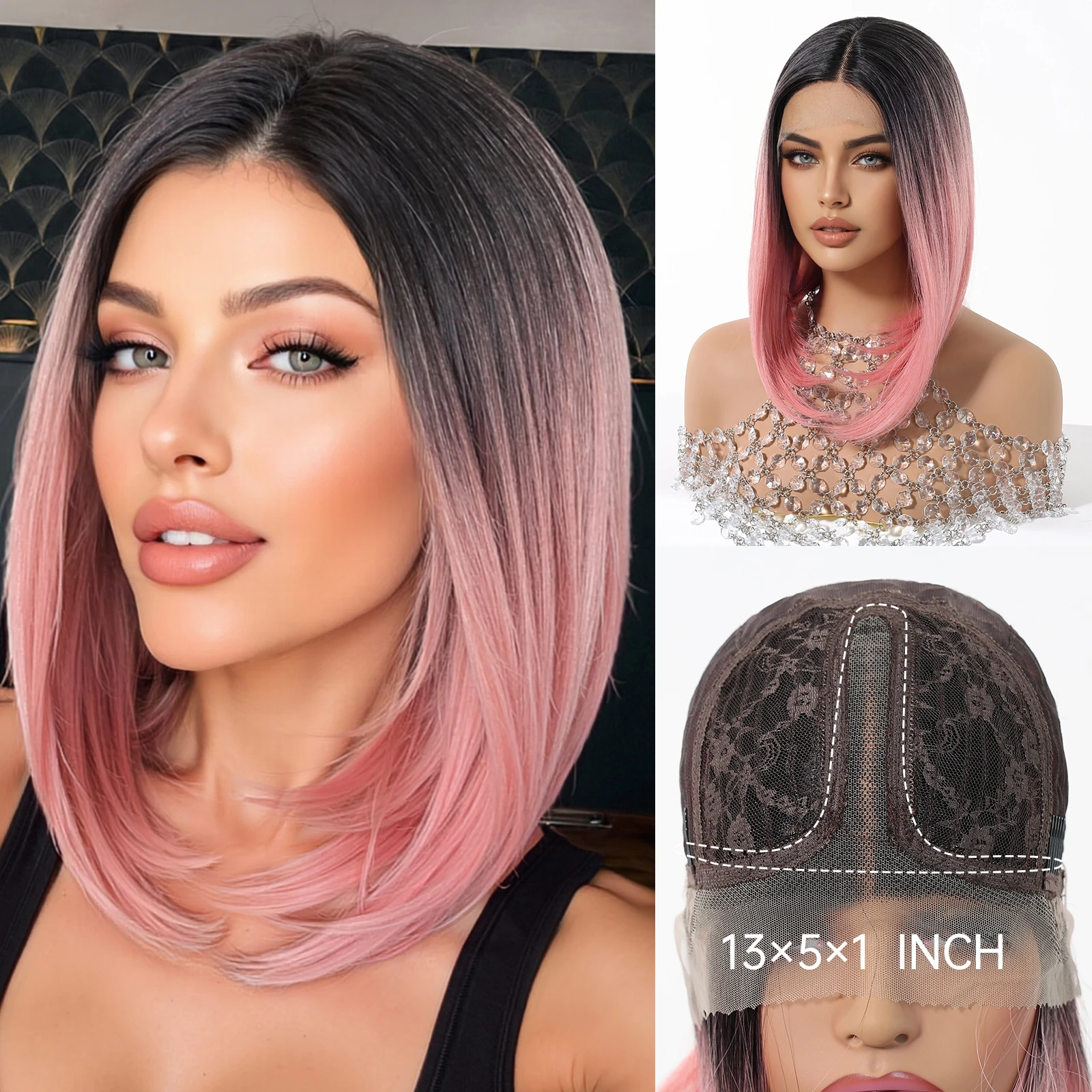 LOUIS FERRE Ombre Black to Pink Bob Wig Straight T Part Lace Wigs for Women Natural Looking Heat Resistant Daily Wear Cosplay