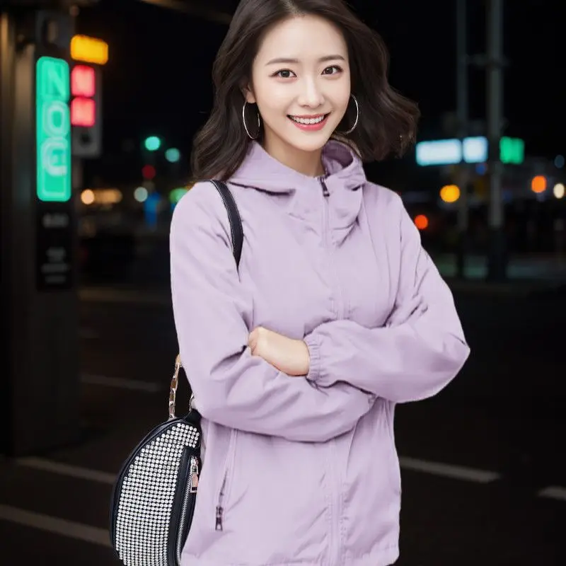 

Spring and Autumn Women's Short Jacket New Casual Thin Jacket Hooded Jacket