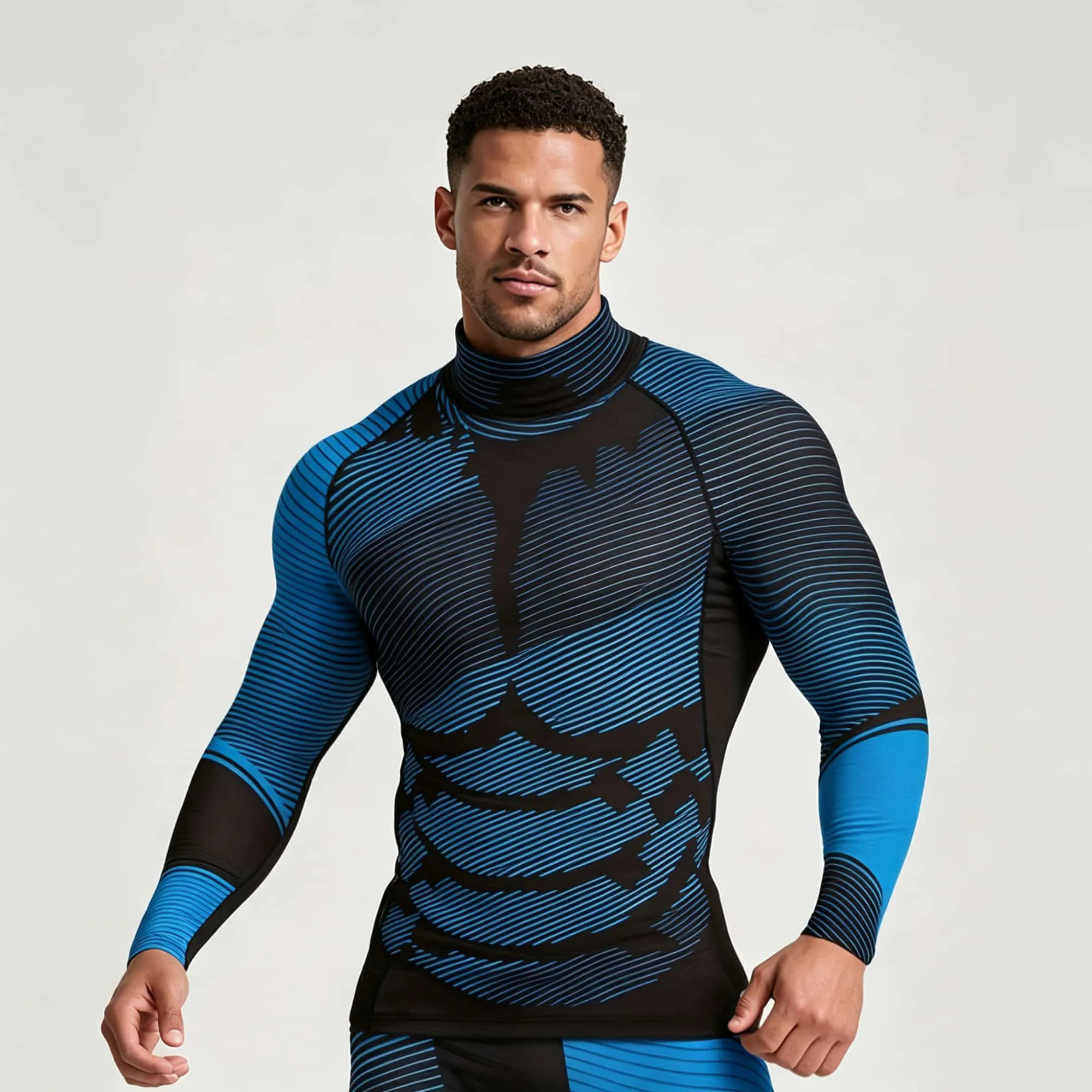 Herren 3D-Muskel-Print Kompressionsshirt mit Stehkragen, Langarm, Schnelltrocknend, Sportliches Oberteil für Fitness, Workout, Cosplay, Sport-Basisschicht – Detail 4