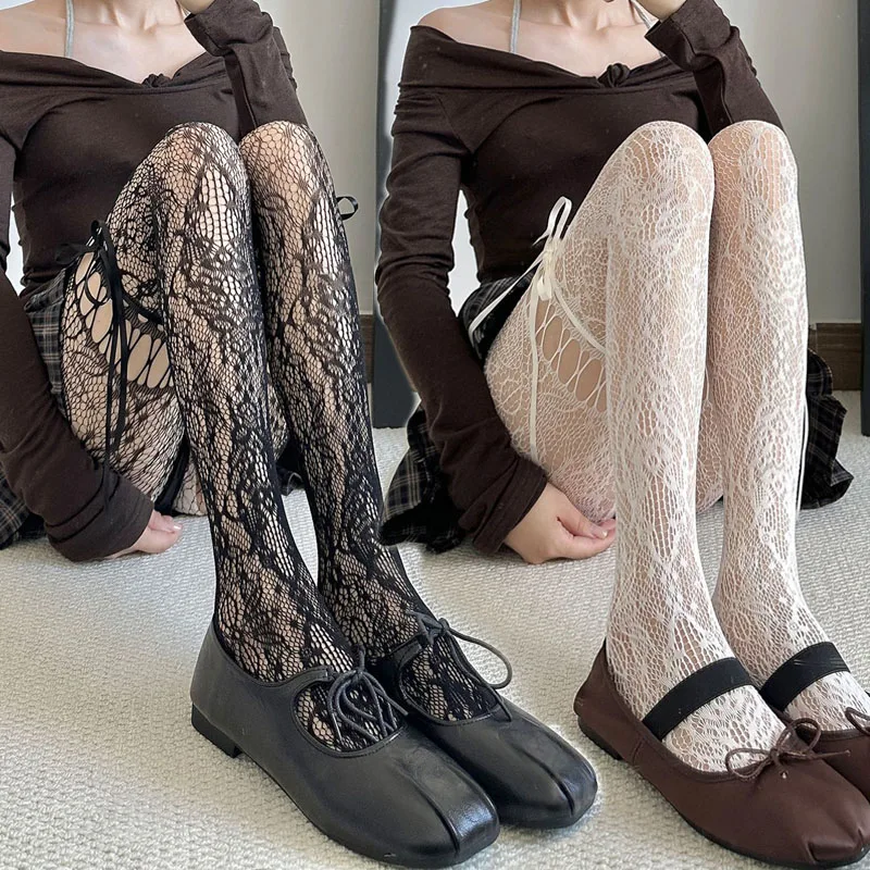 

Bowknot Tie Strap Fishnet Tights Women Girls See Through Y2K Punk Gothic Mesh Stockings Sexy Lace Bottoming JK Uniform Pantyhose