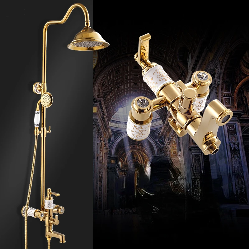 Gold faux antique showerhead set, tycoon gold European and American style all copper nozzle lifting and boosting showerhead