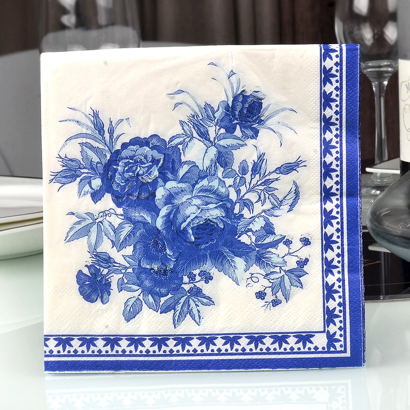 10/20pcs/Pac Blue Classic Gardenia Colourful Printed Napkin Wedding Facial Napkin Placemat Wine Glass Flower Arrangement Paper