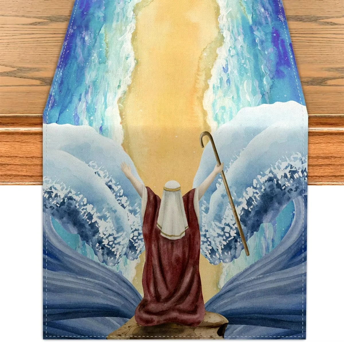 Linen Passover Table Runner, Red Sea Theme Jewish Pesach Decor, Reusable Printed Table Decoration for Kitchen Dining Room Holida