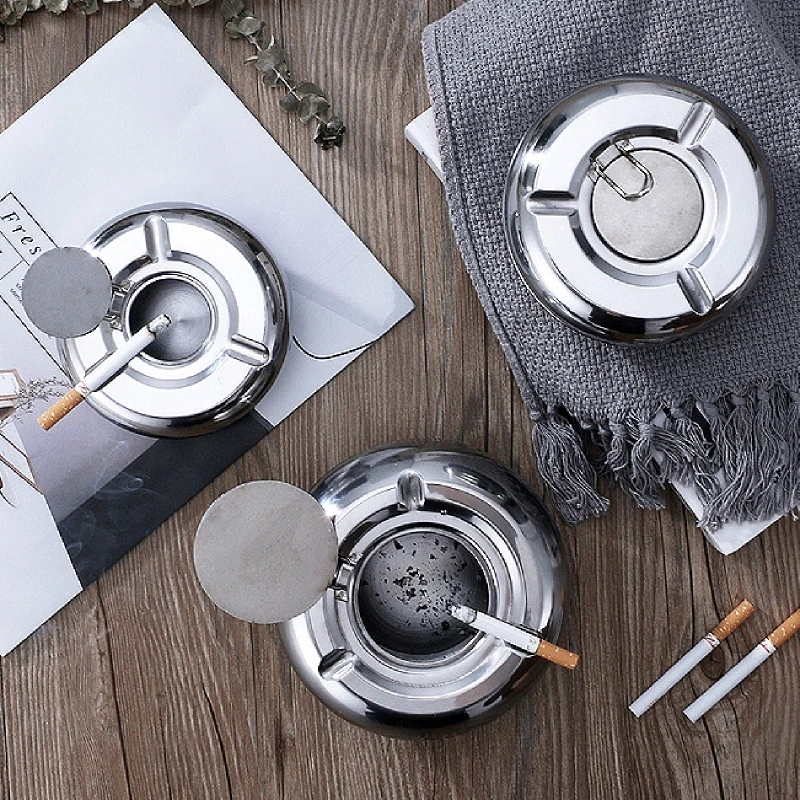 Stainless Steel Ashtray with Lid Detachable Outdoor Cigarettes Tray Holder for Home Bedroom Office Tabletop Decoration