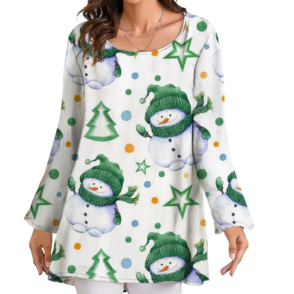 CLOOCL Christmas Women Shirts Cute Snowman Green Hat Scarf 3D Printed Long Sleeve Crew Neck Tops Women Clothing Dropshipping