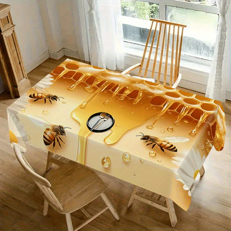 1pc Vintage Honey Bee Pattern Tablecloth, Polyester Fiber, Suitable for Home Decoration, Kitchen, Restaurant and Party