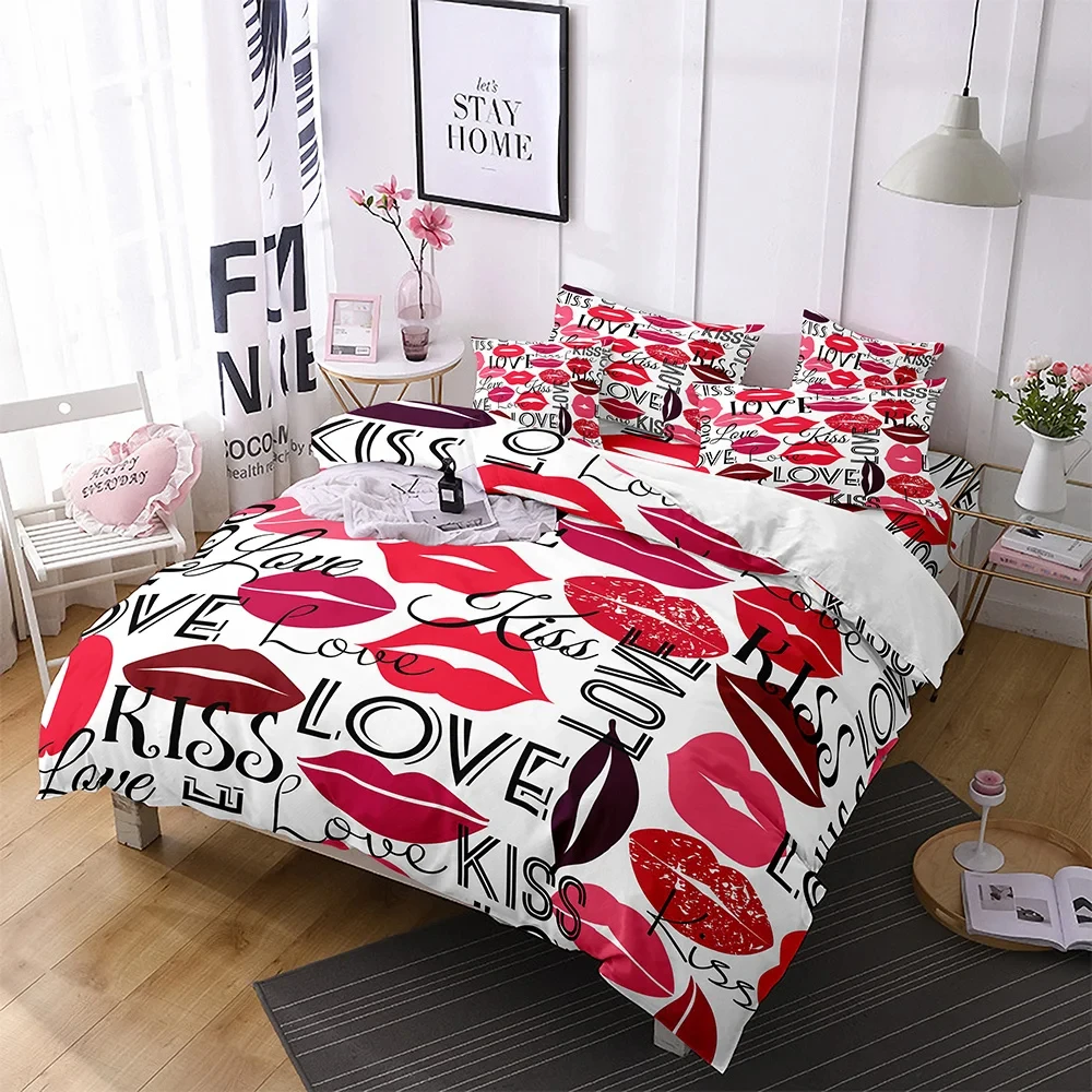 Red Lips Duvet Cover Set Love Bedding Sexy Theme Polyester Quilt Cover Set for Adult Couple Zipper Ties King Queen Size