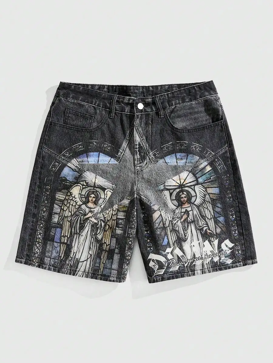 

Y2k 2000s Angel Denim Shorts Jeans Cartoon Embroidery Baggy Shorts Low Waist Over Streetwear The Knee Pants Casual Shorts