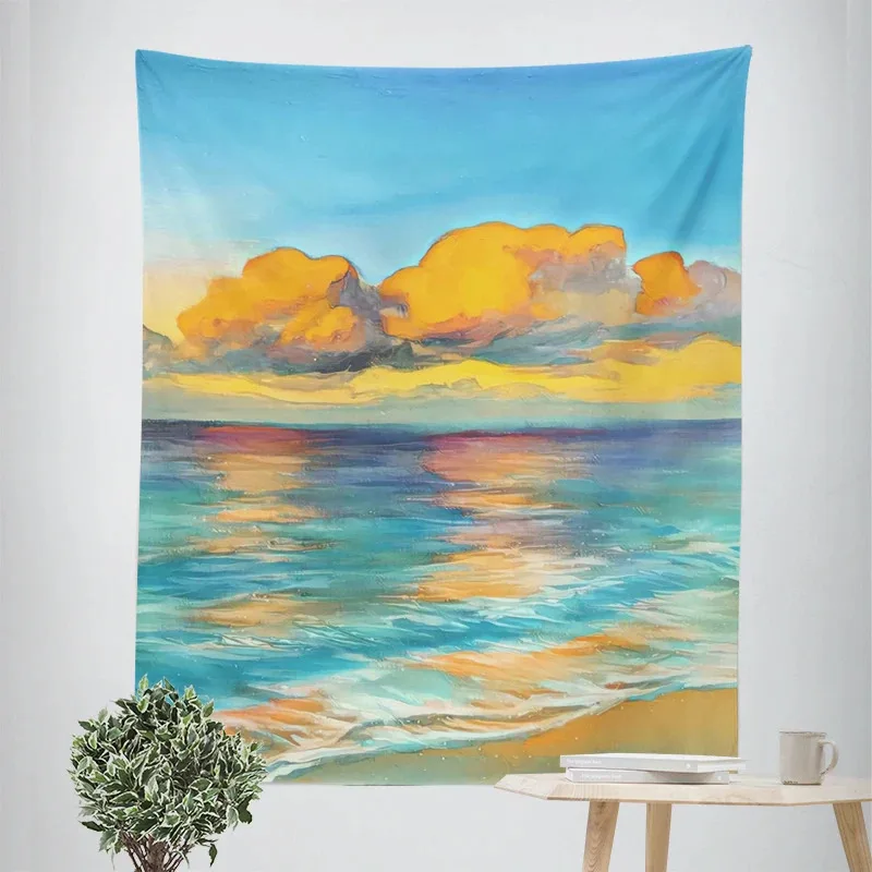 VIKAMA Healing Seaside Sunset Wandteppich, Schlafzimmer-Kopfteil, Balkon, Wanddekoration, Wandteppich im Instagram-Stil, künstlerische Raumdekoration