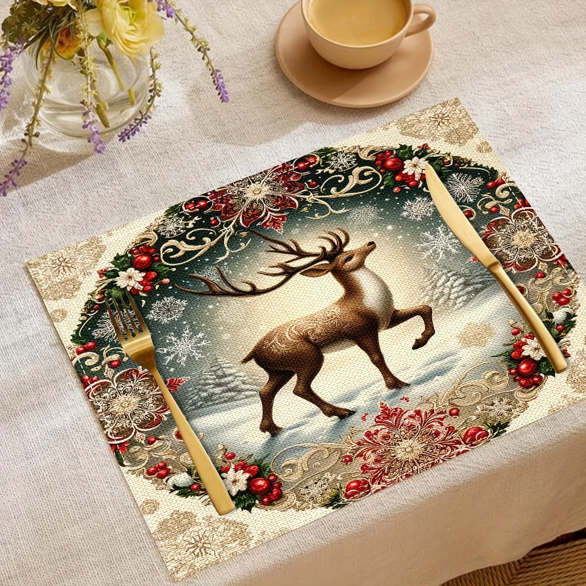 

VIKAMA 4-Piece Christmas Reindeer Snow Scene Placemats Christmas Dinner Party Home Table Decor Accessories Party Decorations